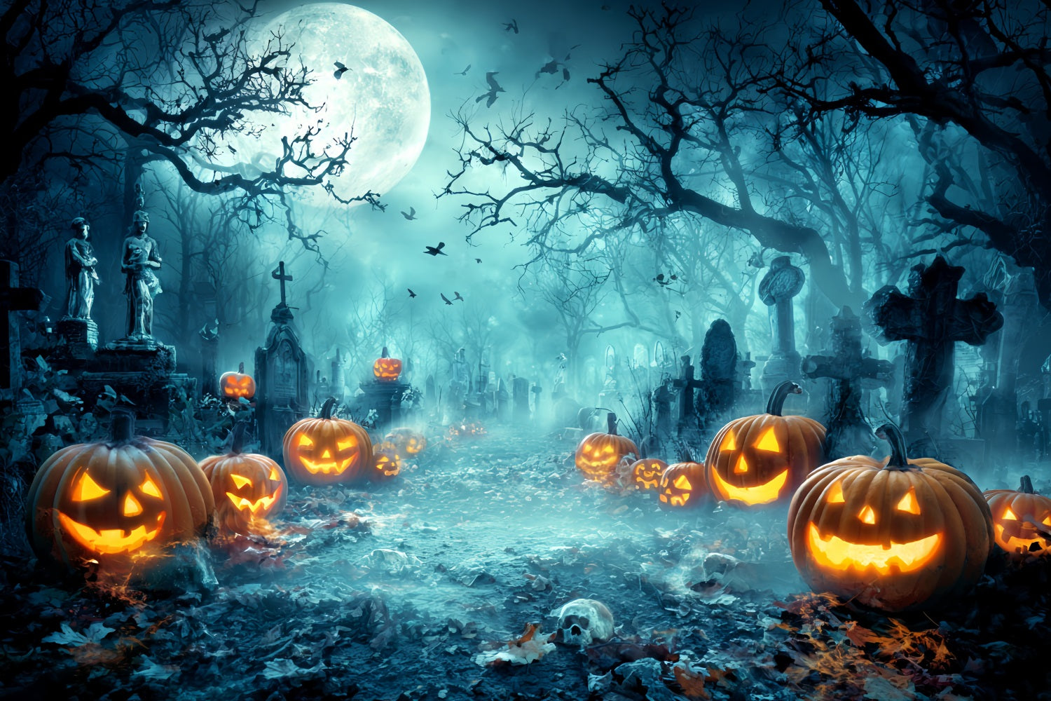 Halloween Graveyard Backdrop Creepy Graveyard Pumpkin Lanterns Halloween Photo Backdrop TWW59-73
