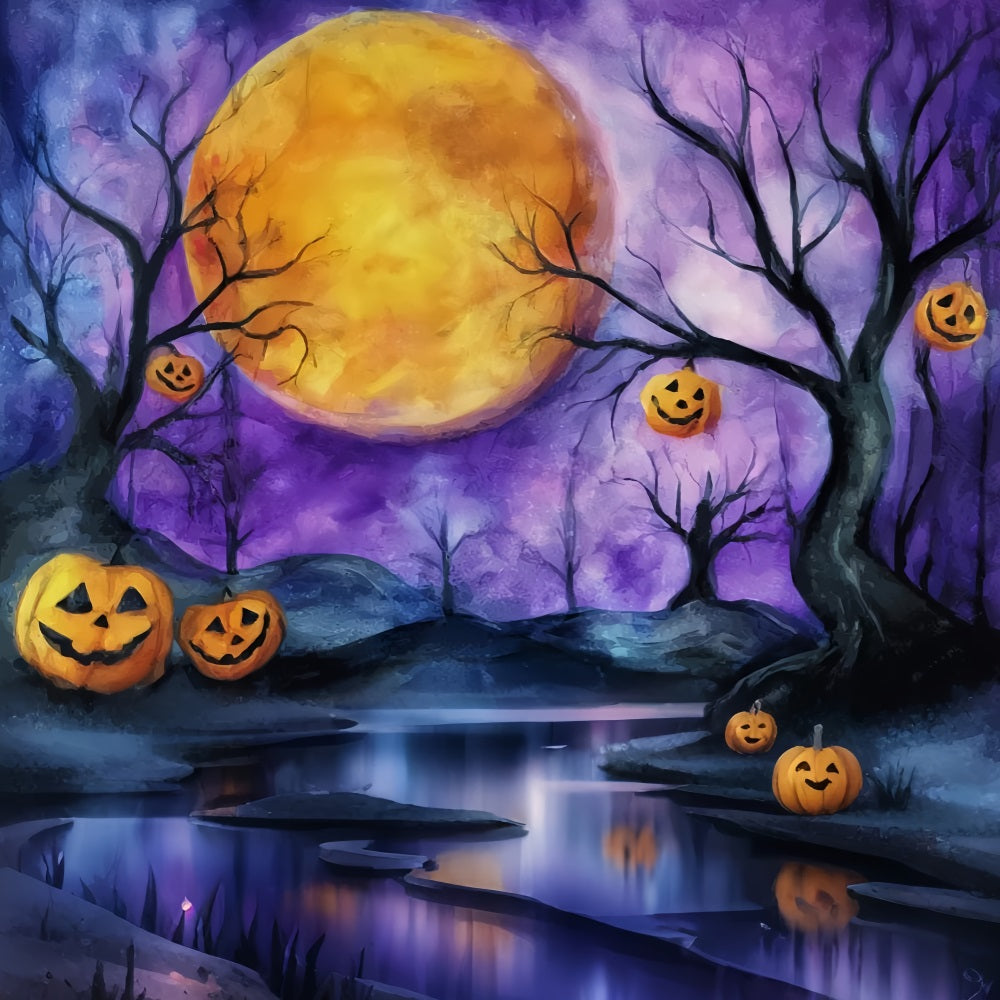 Halloween Moon Backdrop Pumpkin Moonlit Purple Sky Halloween Backdrops TWW59-74