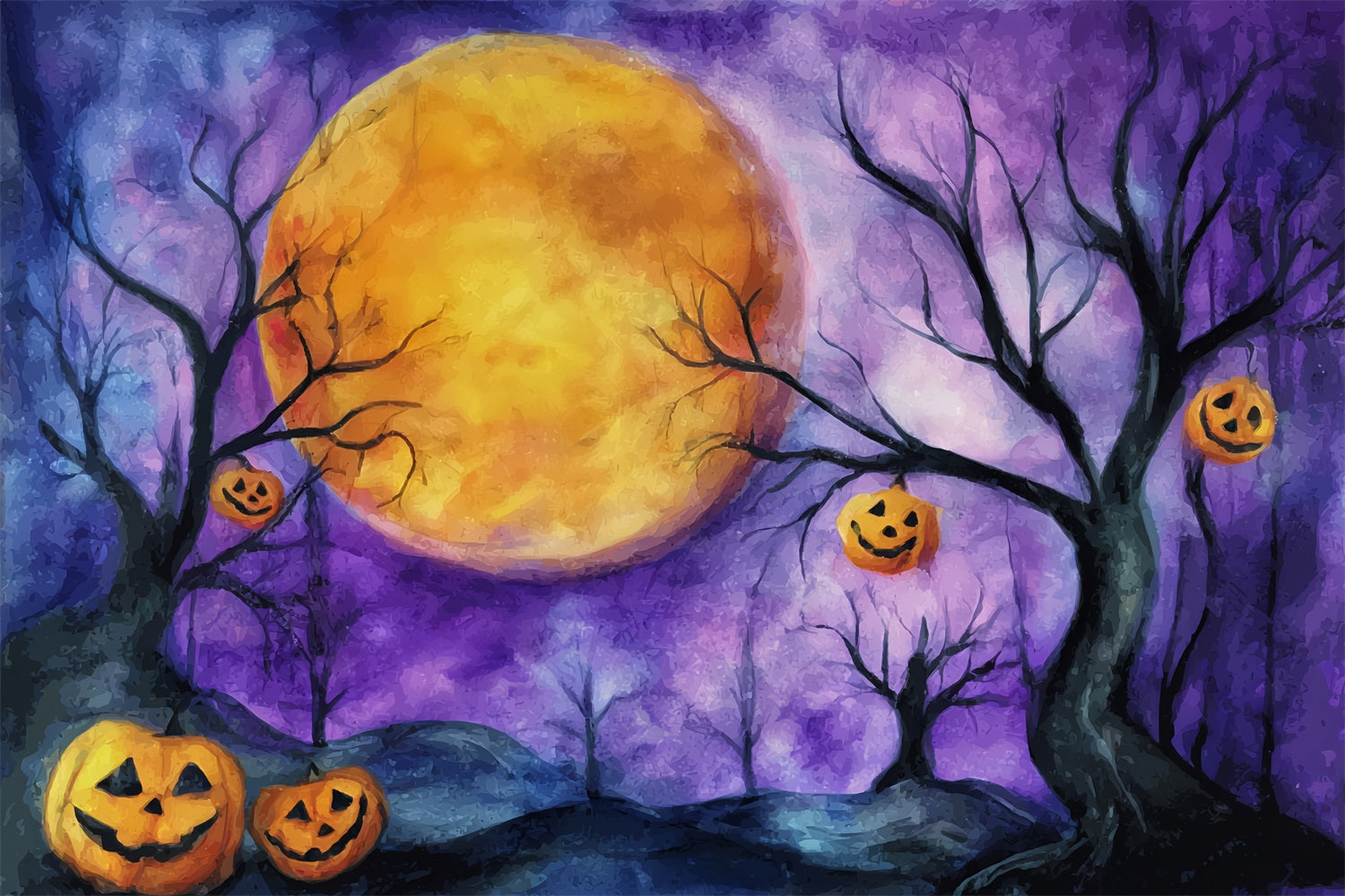 Halloween Moon Backdrop Pumpkin Moonlit Purple Sky Halloween Backdrops TWW59-74