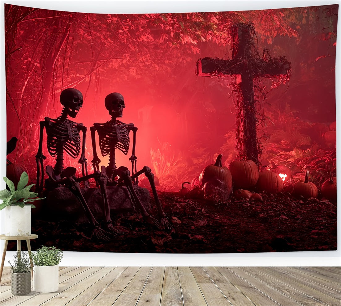 Halloween Scary Backdrop Skeleton Graveyard Red Glow Spooky Halloween Backdrop TWW59-75