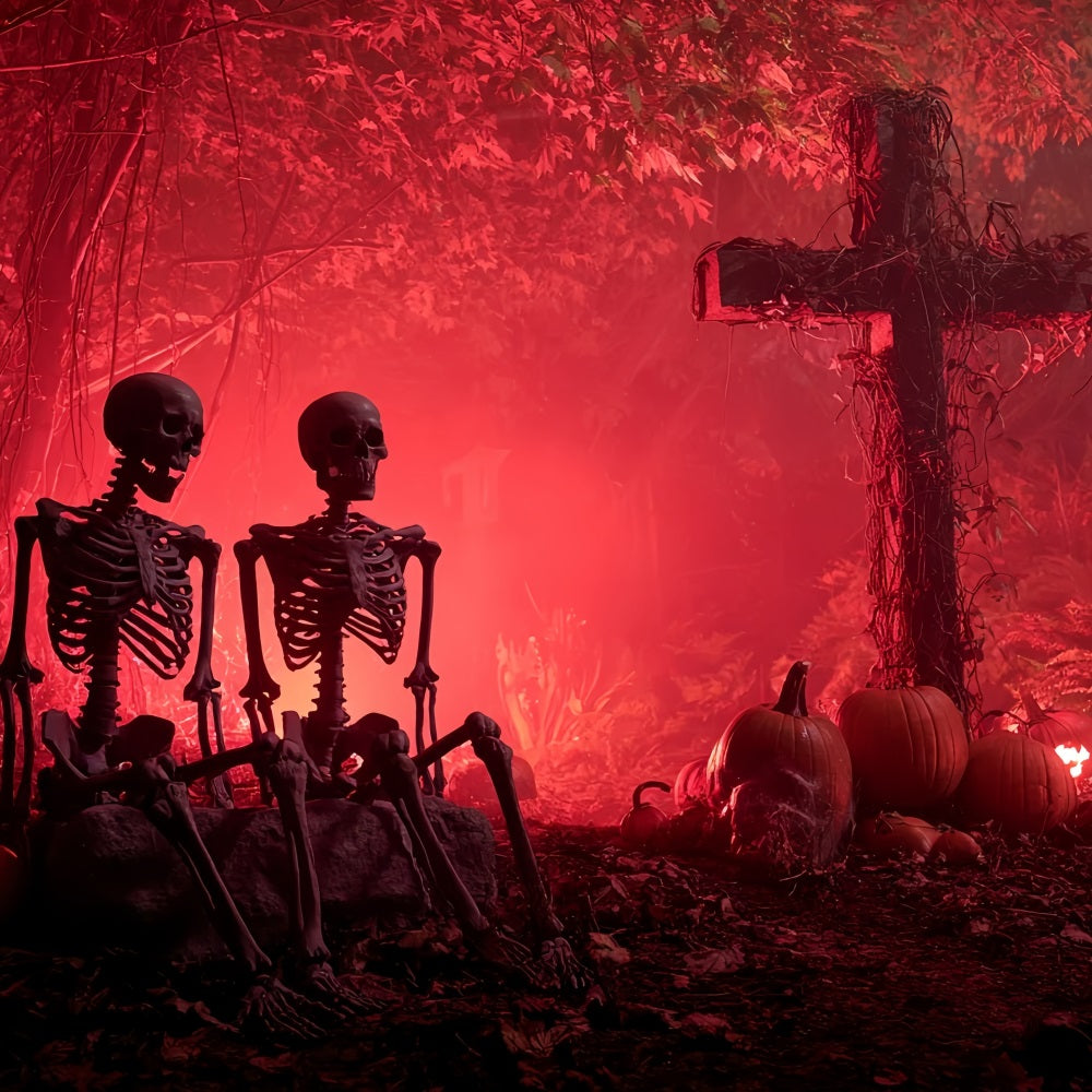 Halloween Scary Backdrop Skeleton Graveyard Red Glow Spooky Halloween Backdrop TWW59-75