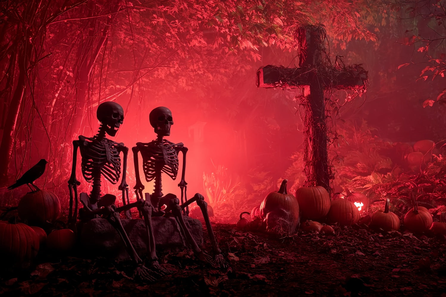Halloween Scary Backdrop Skeleton Graveyard Red Glow Spooky Halloween Backdrop TWW59-75