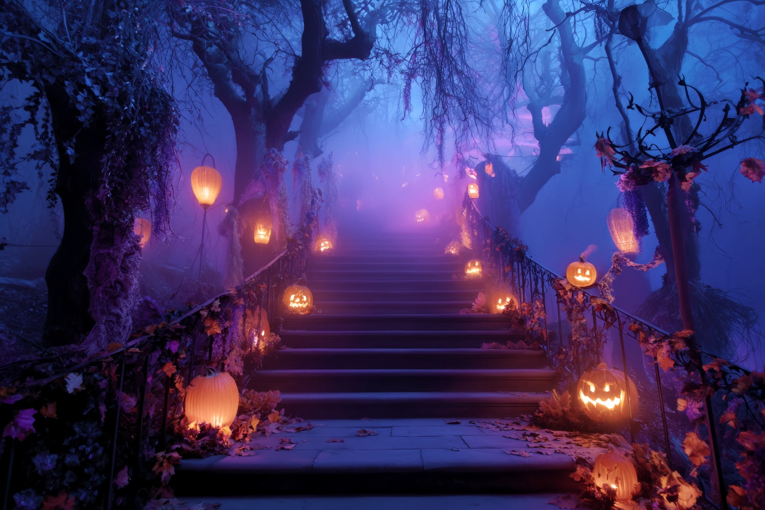 Halloween Color Backdrop Pumpkin Lantern Stairway Path Scary Halloween Backdrops TWW59-76
