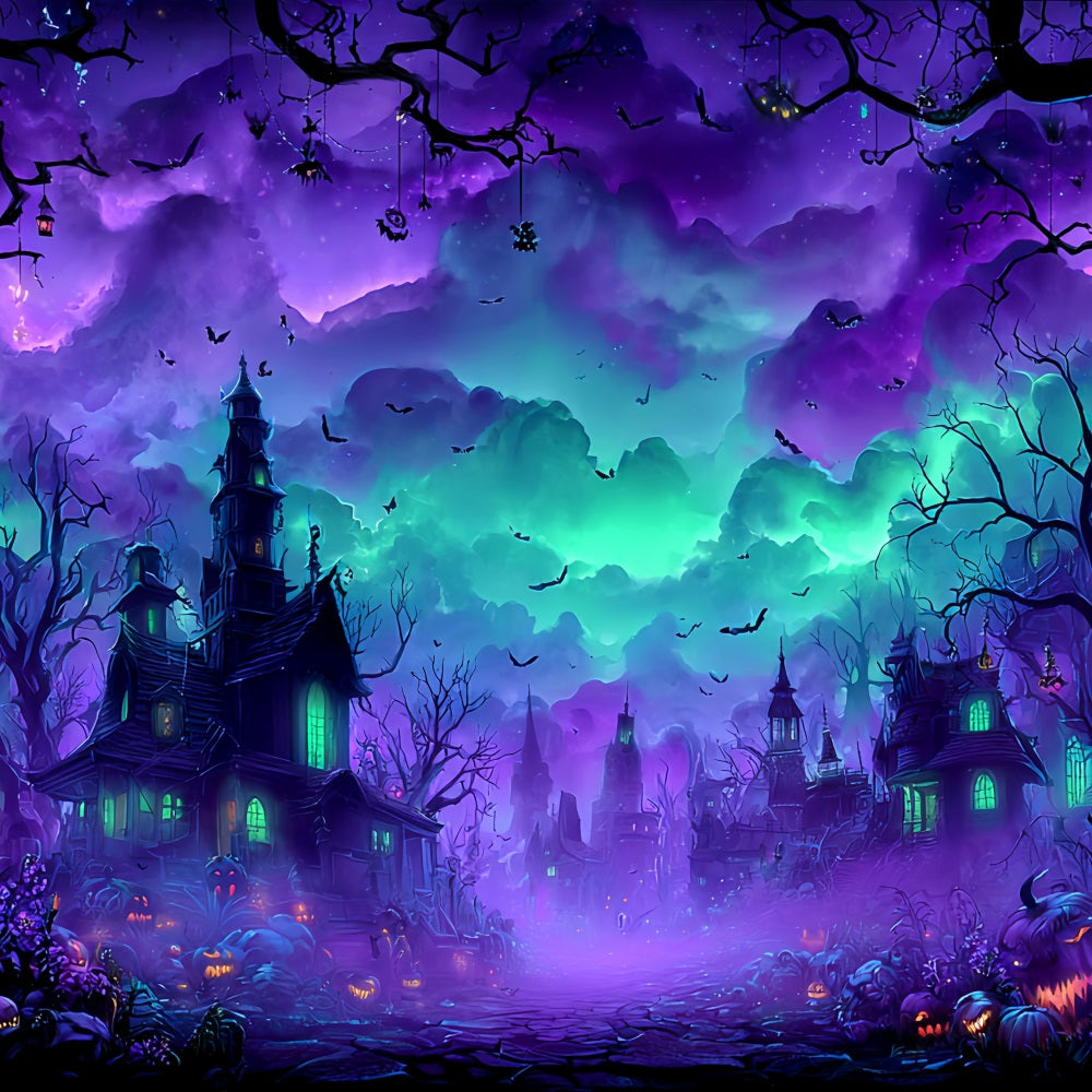 Halloween Color Backdrop Haunted Village Misty Night Halloween Photo Backdrop TWW59-77