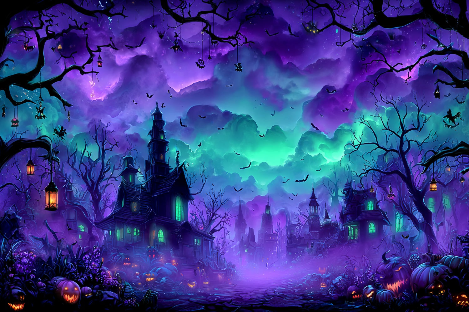 Halloween Color Backdrop Haunted Village Misty Night Halloween Photo Backdrop TWW59-77