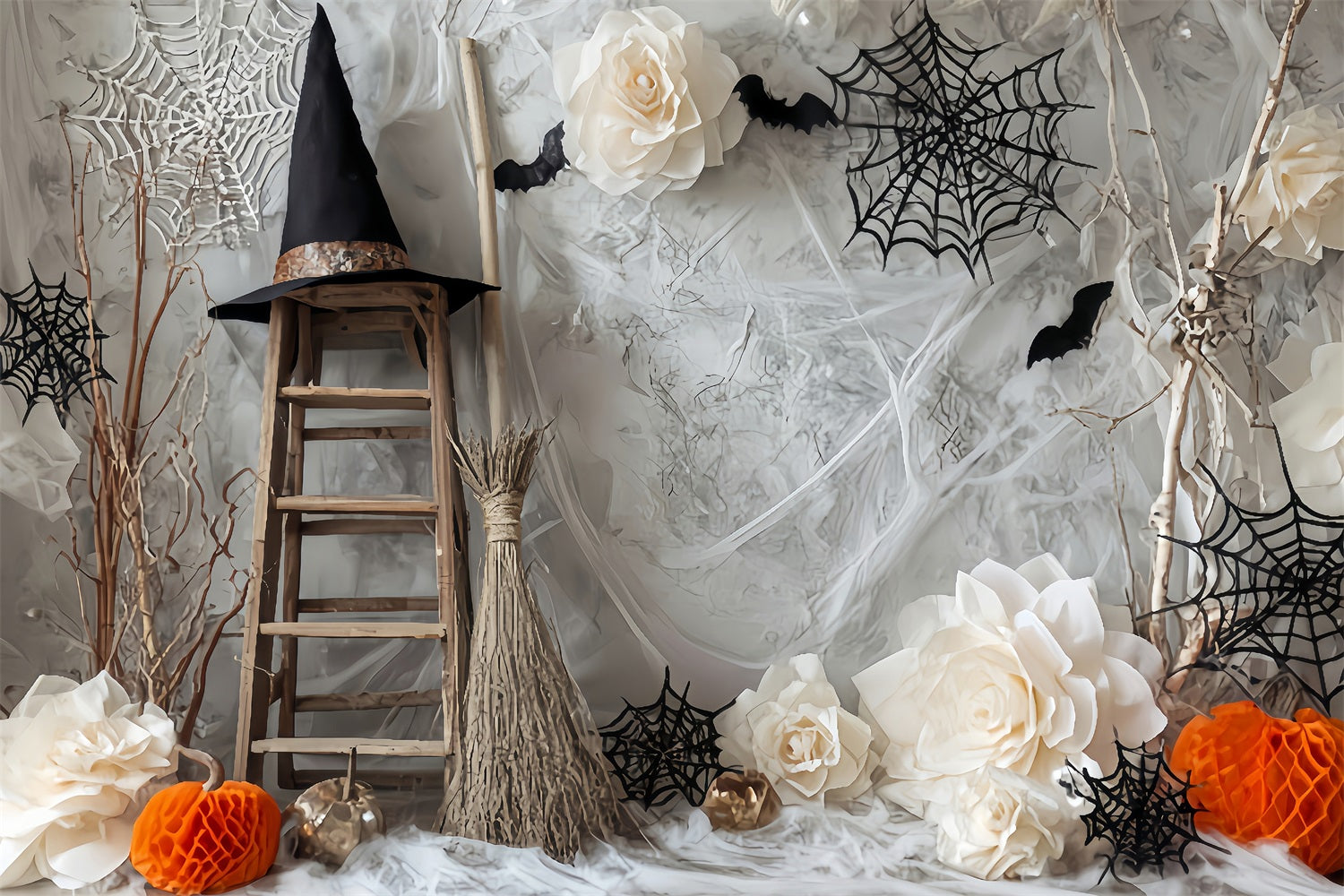Halloween Spider Backdrop Witch Ladder Bats Flower Halloween Photography Backdrop TWW59-78