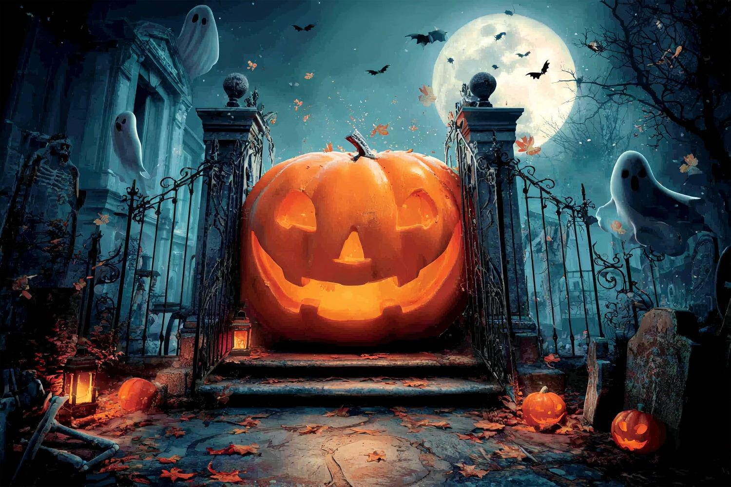 Halloween Creepy Backdrop Giant Pumpkin Ghostly Gate Halloween Backdrop Ideas TWW59-79