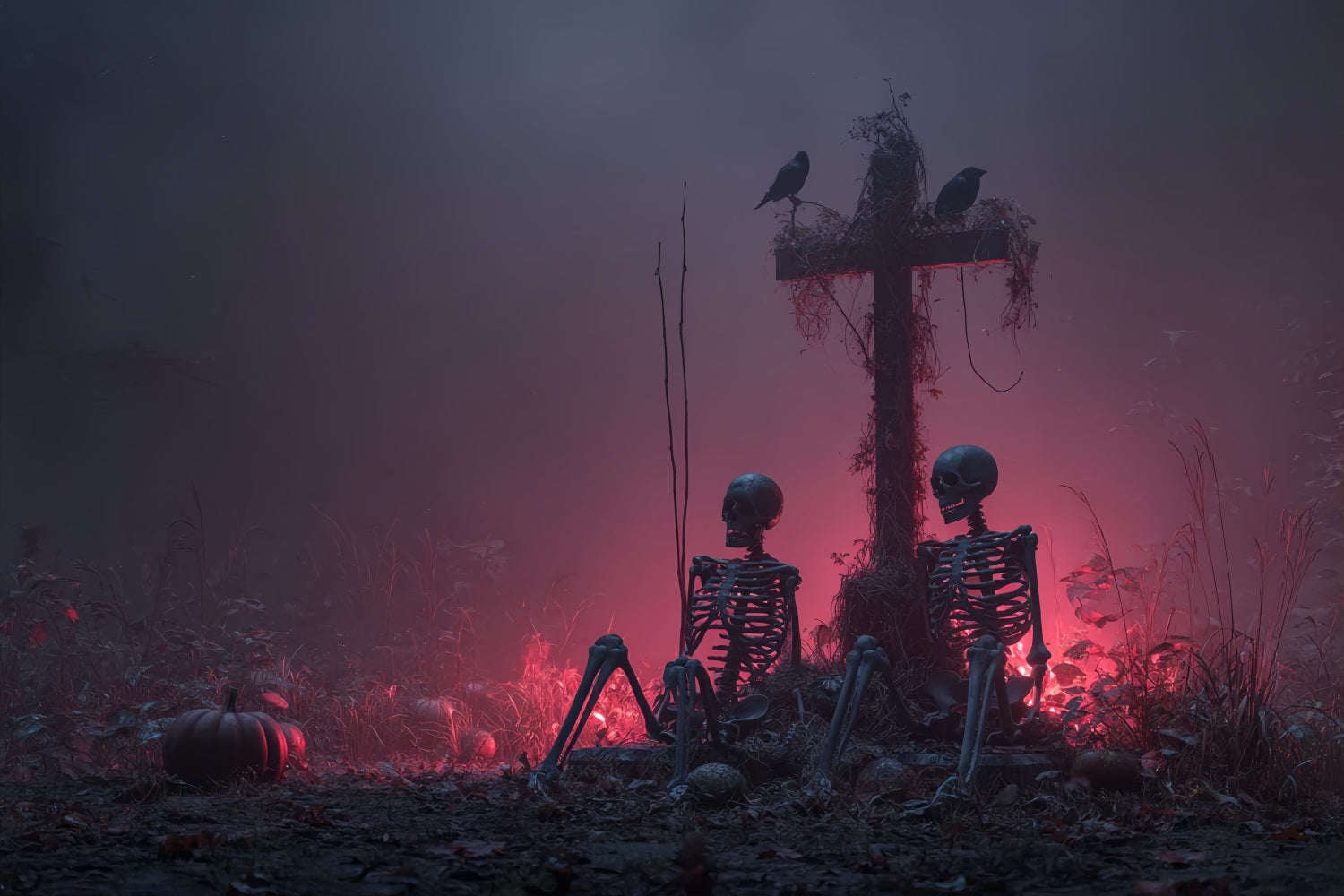 Halloween Horror Backdrop Skeletons Cross Red Mist Scary Halloween Backdrops TWW59-80