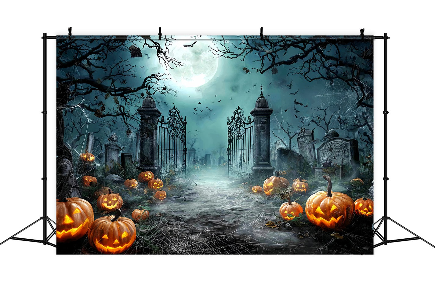 Halloween Graveyard Backdrop Moonlit Graveyard Pumpkins Halloween Photo Backdrops TWW59-81