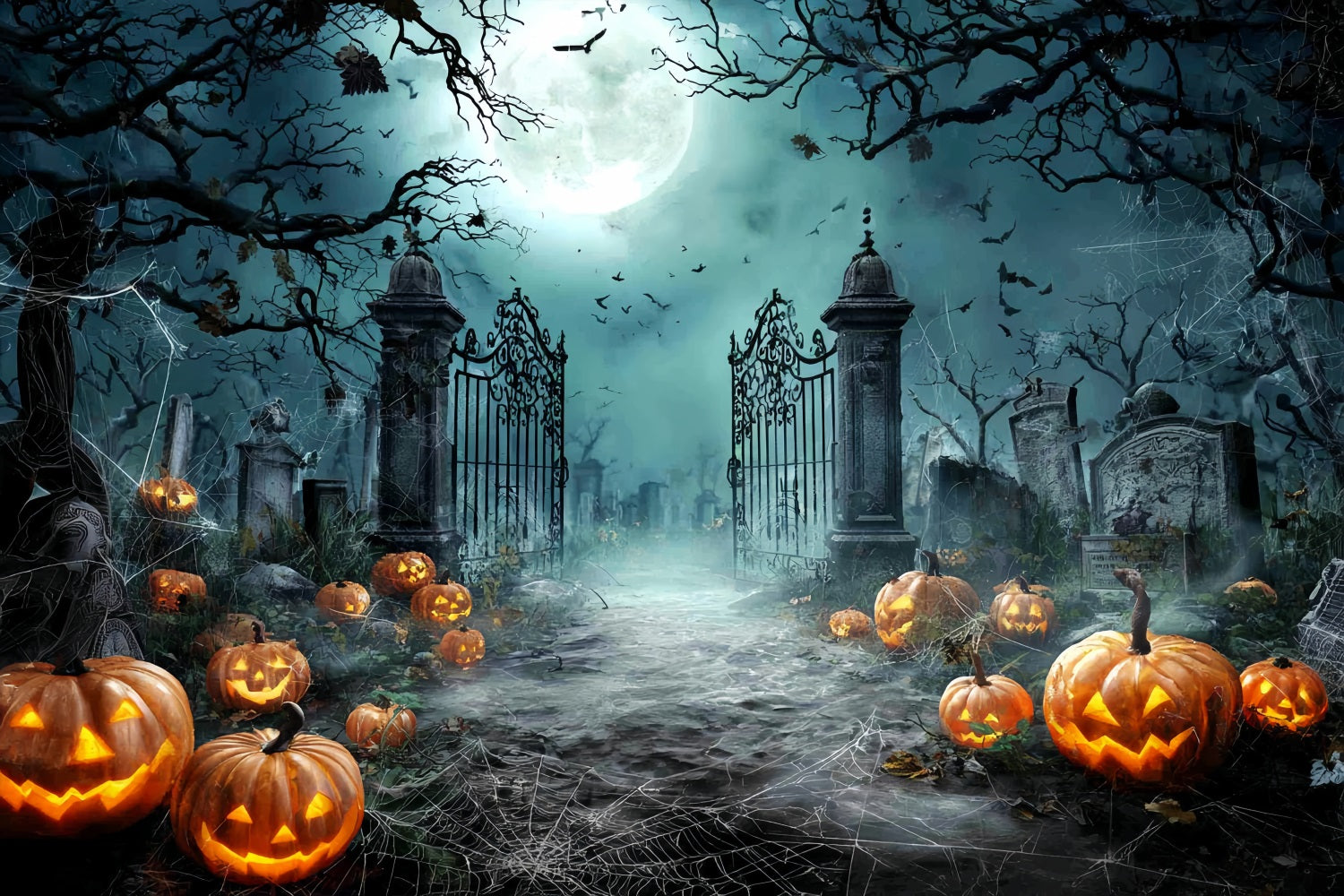 Halloween Graveyard Backdrop Moonlit Graveyard Pumpkins Halloween Photo Backdrops TWW59-81