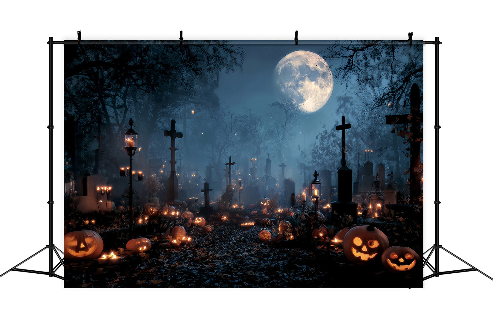 Halloween Graveyard Backdrop Candlelit Graveyard Pumpkin Crosses Halloween Backdrop TWW59-84