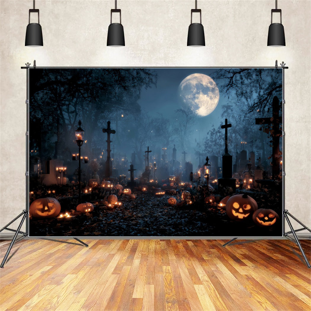 Halloween Graveyard Backdrop Candlelit Graveyard Pumpkin Crosses Halloween Backdrop TWW59-84