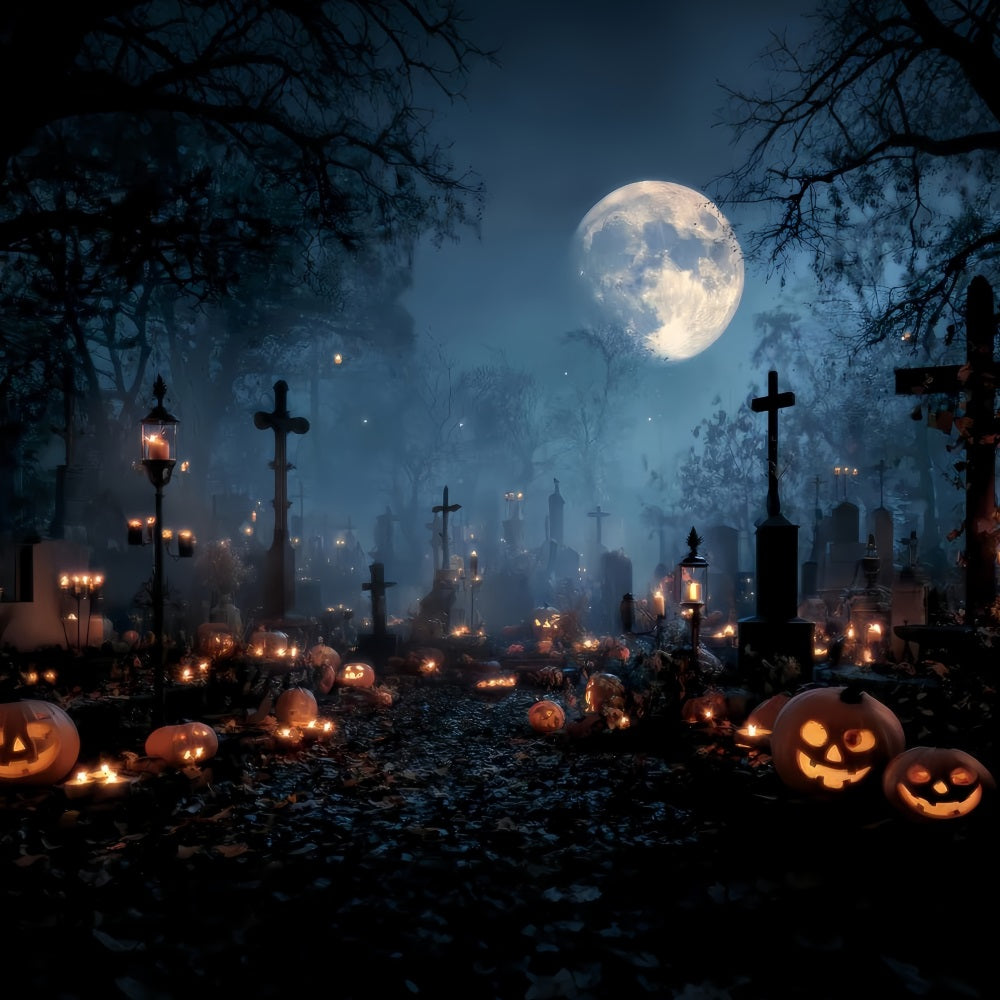 Halloween Graveyard Backdrop Candlelit Graveyard Pumpkin Crosses Halloween Backdrop TWW59-84