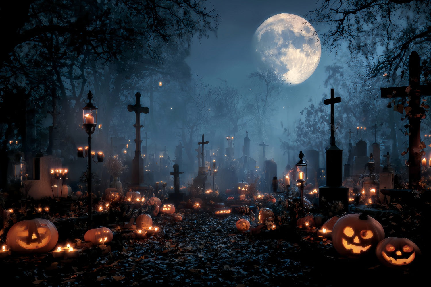 Halloween Graveyard Backdrop Candlelit Graveyard Pumpkin Crosses Halloween Backdrop TWW59-84