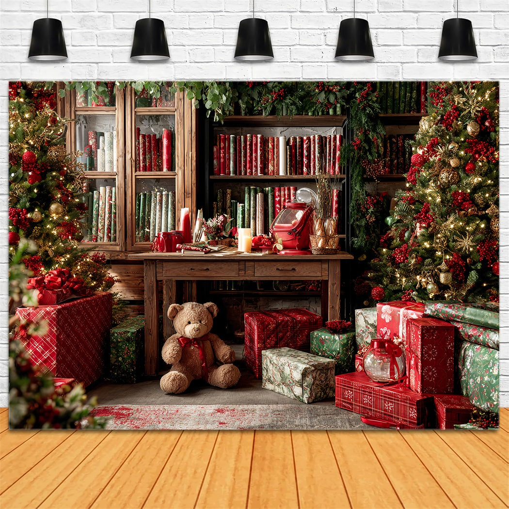 Santa Workshop Backdrop Christmas Gift Wrap Cozy Library Christmas Backdrop TWW59-85