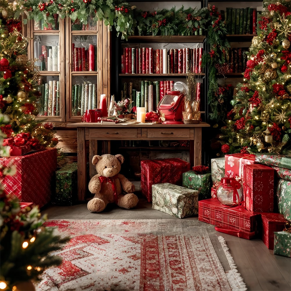 Santa Workshop Backdrop Christmas Gift Wrap Cozy Library Christmas Backdrop TWW59-85