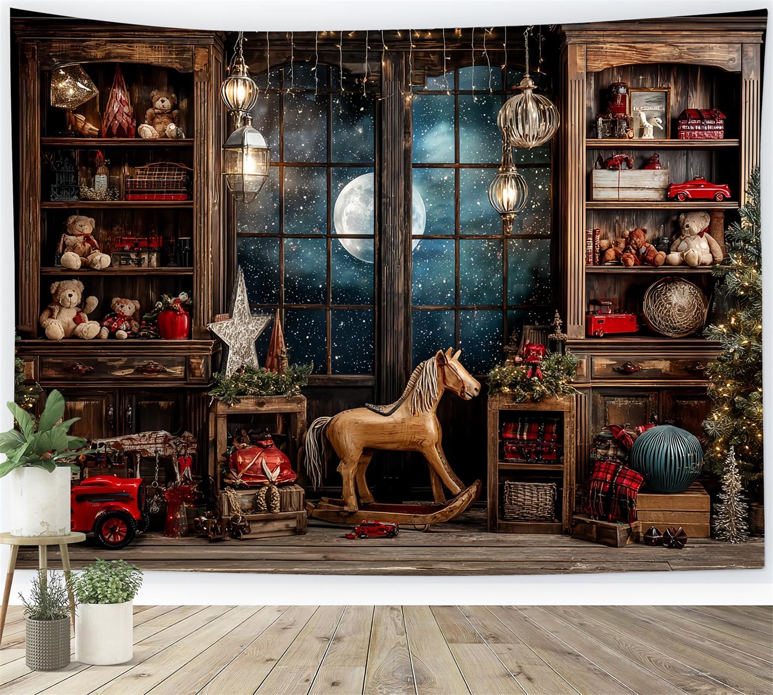 Santa's Workshop Backdrop Starry Night Window Toy Room Christmas Backdrops TWW59-86
