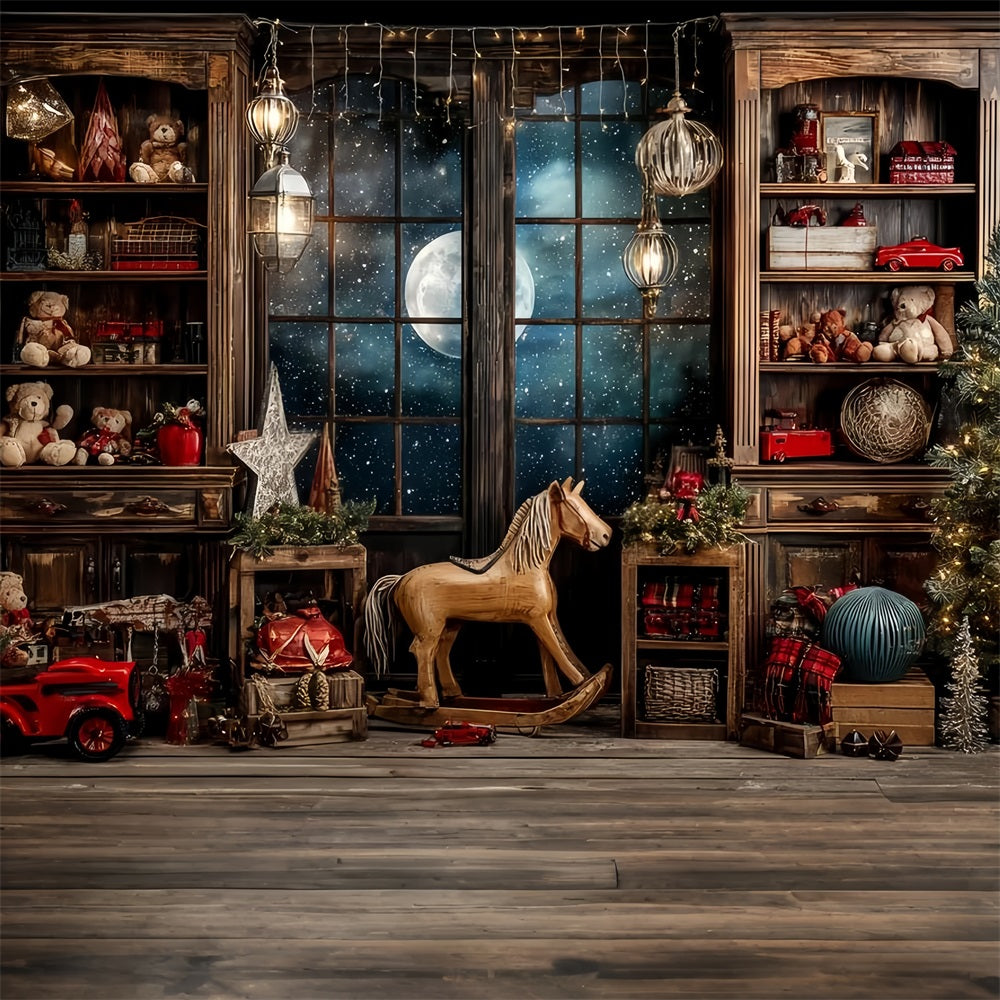 Santa's Workshop Backdrop Starry Night Window Toy Room Christmas Backdrops TWW59-86