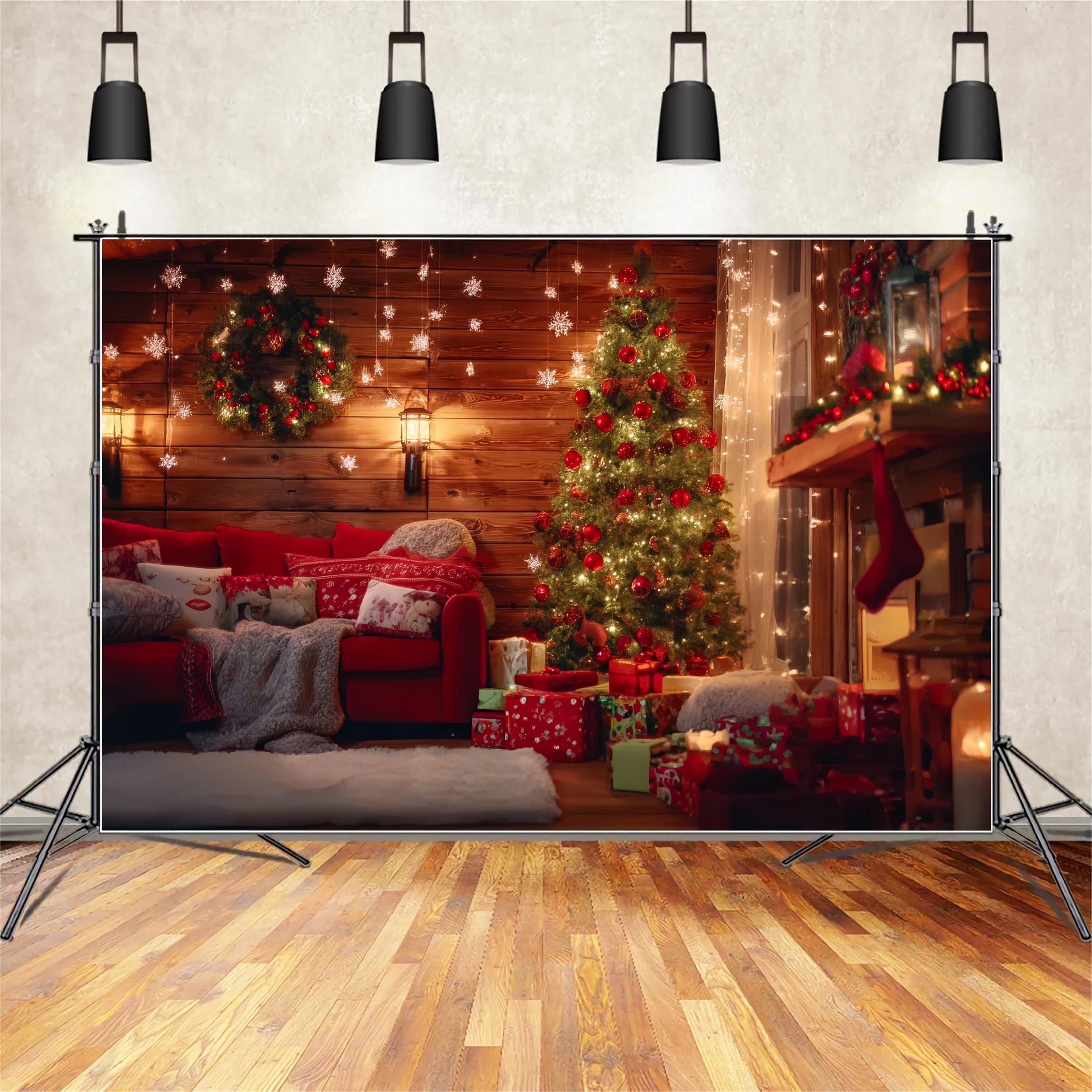 Santa Workshop Backdrop Rustic Cabin Living Room Christmas Photo Backdrop TWW59-87