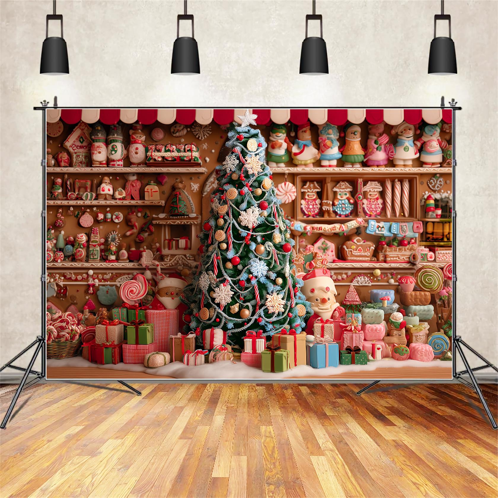 Gingerbread House Backdrop Gingerbread Bakery Christmas Tree Christmas Backdrop TWW59-91