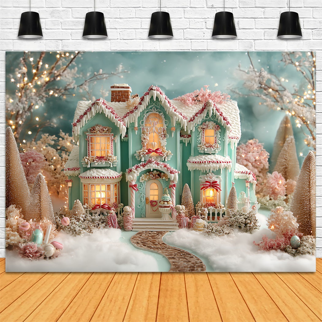 Gingerbread House Backdrop Frosted Pastel Gingerbread Mansion Christmas Photo Backdrop TWW59-93