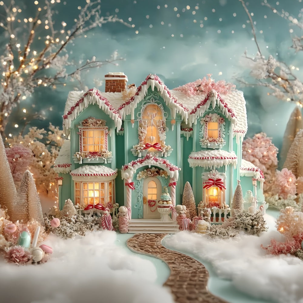 Gingerbread House Backdrop Frosted Pastel Gingerbread Mansion Christmas Photo Backdrop TWW59-93