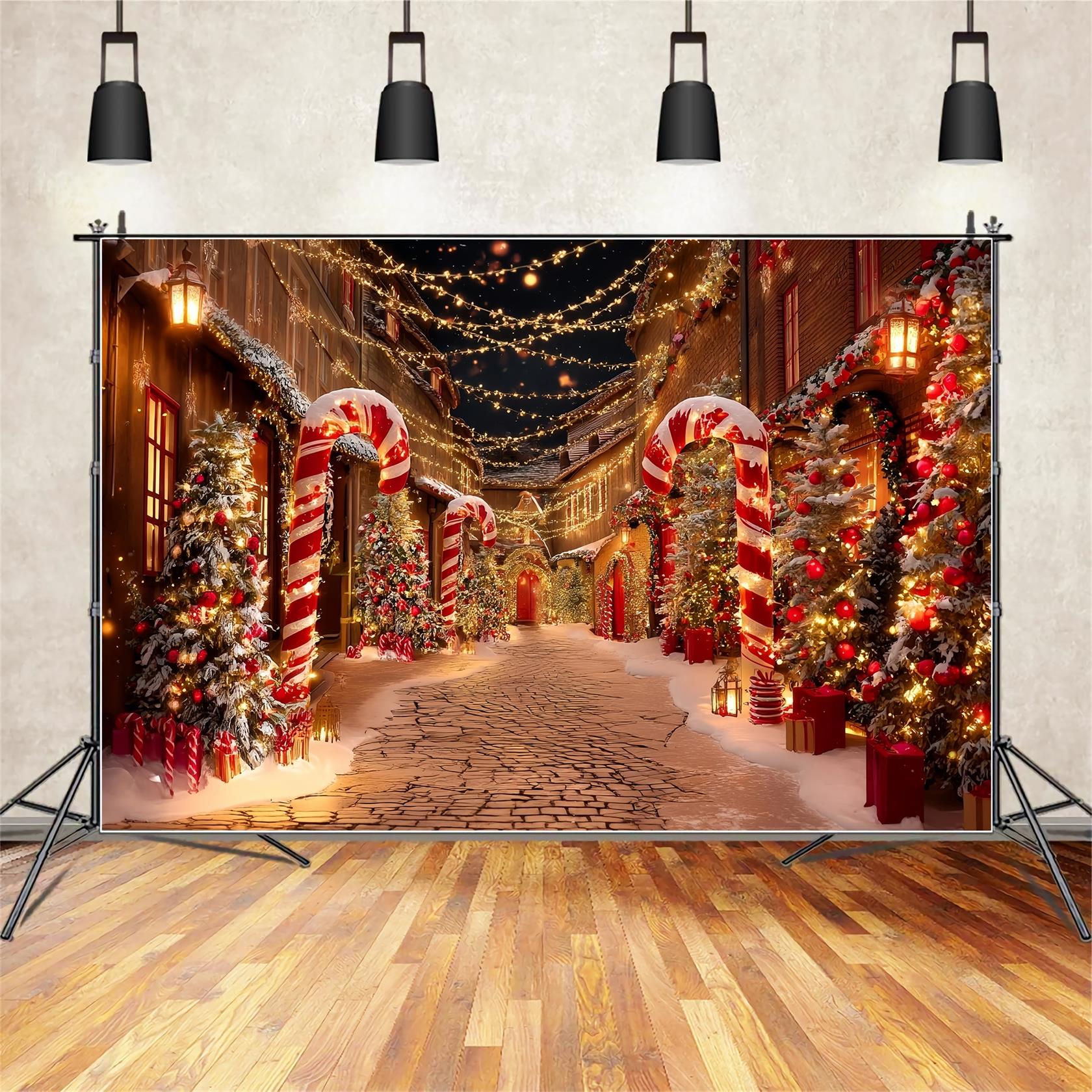Christmas Village Backdrop Candy Cane Street Christmas Photography Backdrops TWW59-95