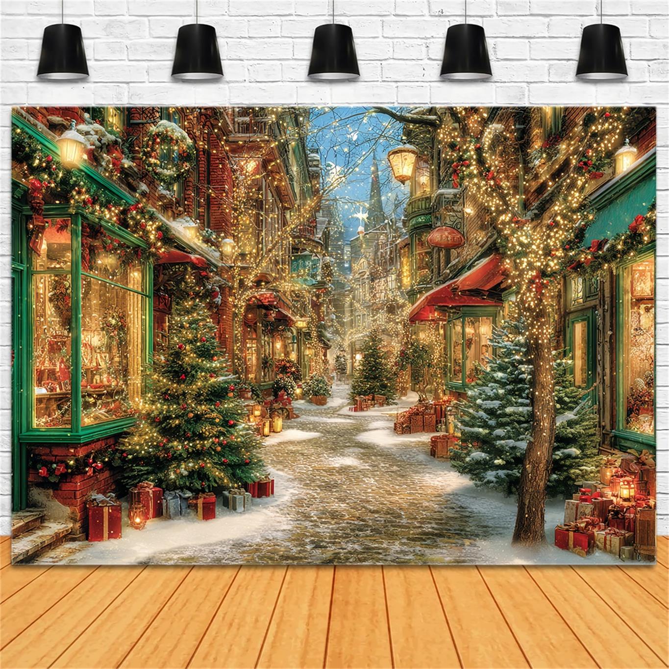 Christmas Village Backdrop Sparkling Street Lights Christmas Backdrops for Photos TWW59-97