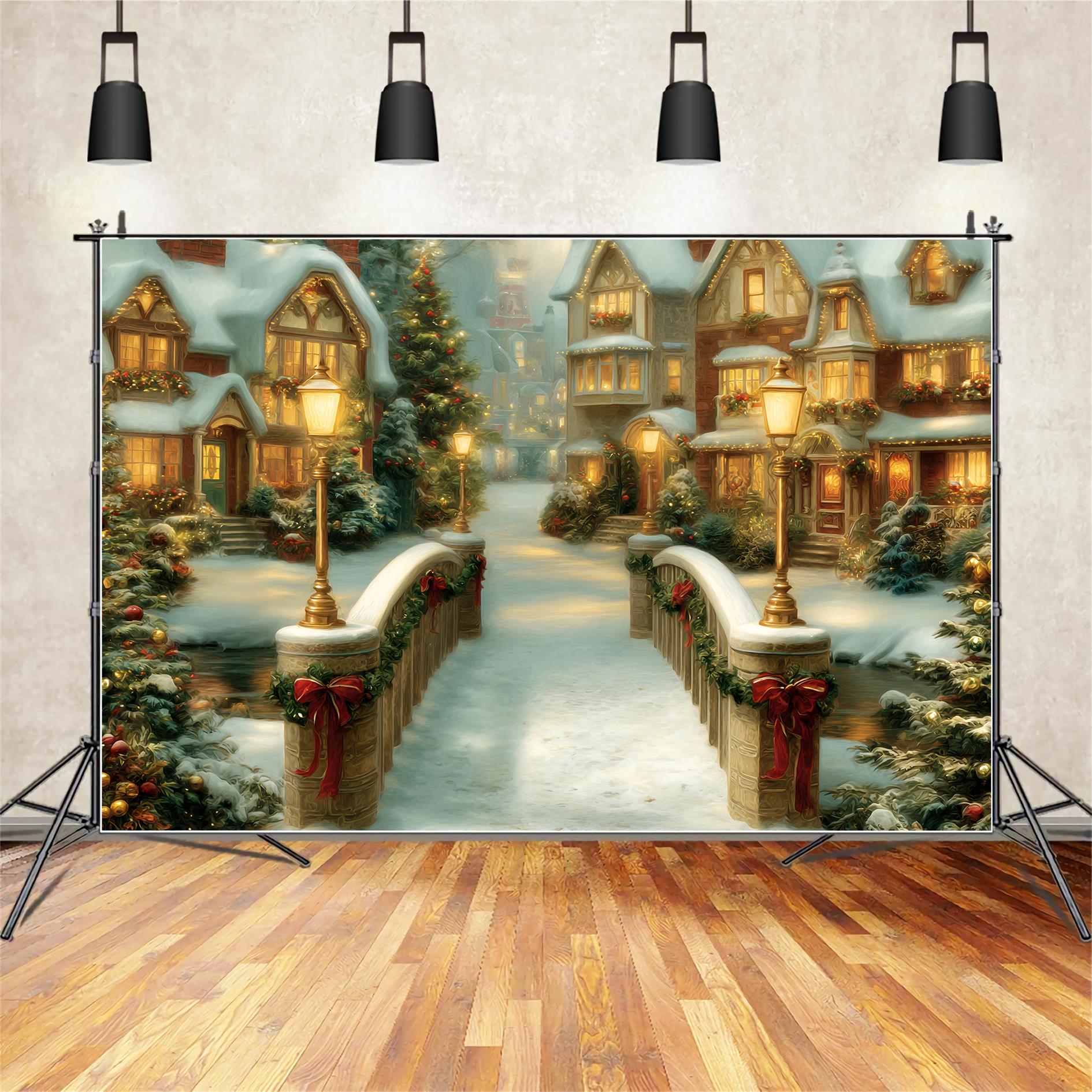 Christmas Village Backdrop Golden Bridge Holiday Houses Christmas Backdrop TWW59-99
