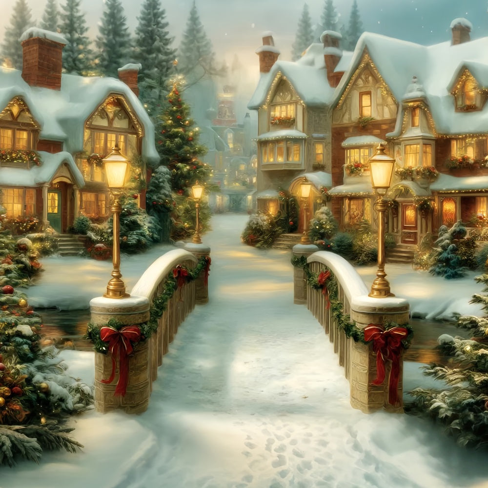 Christmas Village Backdrop Golden Bridge Holiday Houses Christmas Backdrop TWW59-99