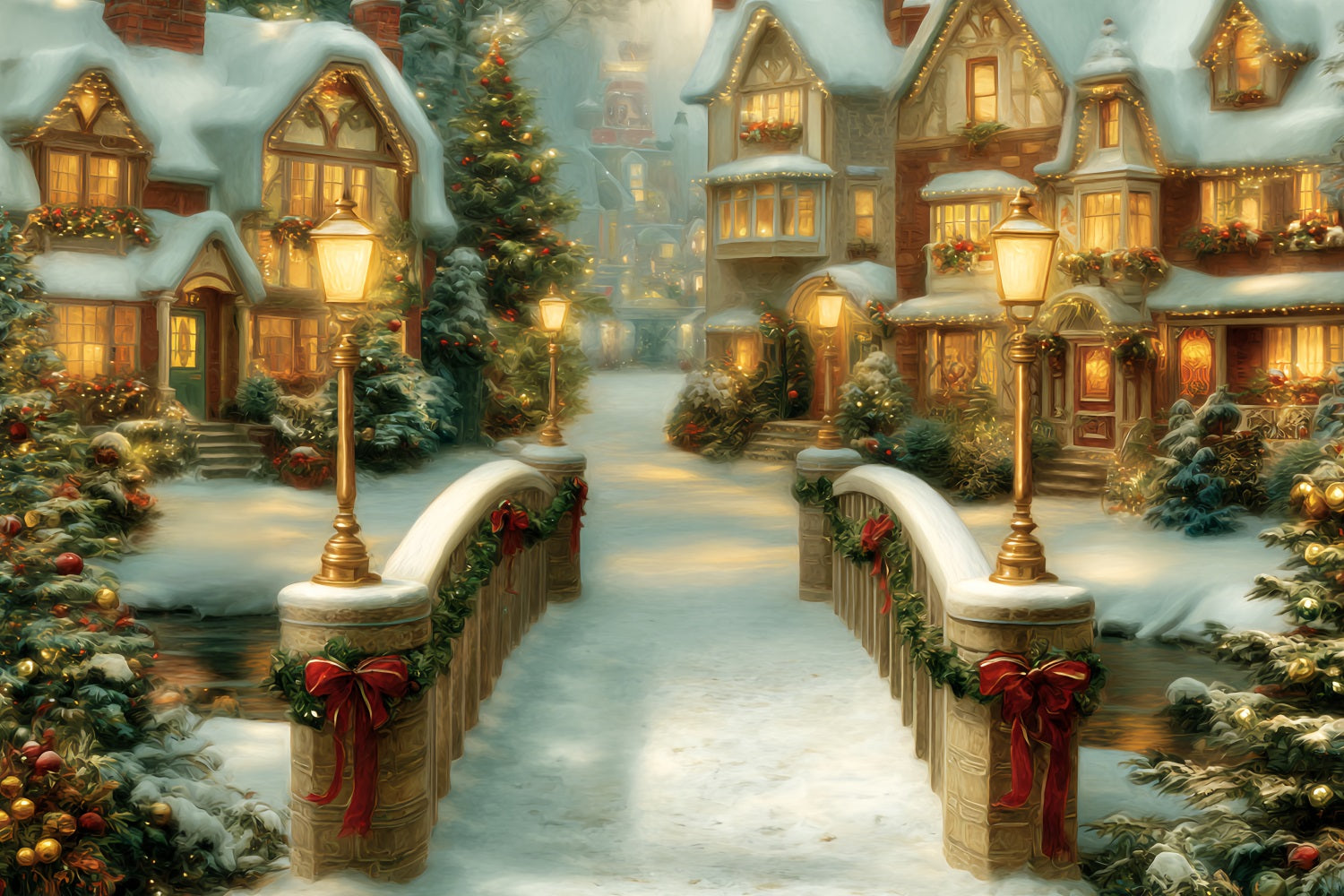 Christmas Village Backdrop Golden Bridge Holiday Houses Christmas Backdrop TWW59-99