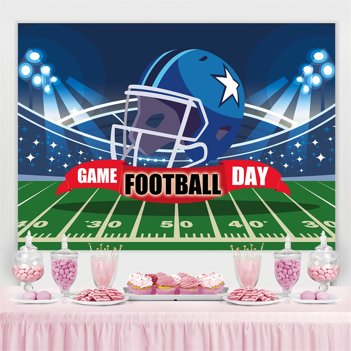Football Field Backdrop Blue Helmet Lights Sports Event Backdrops TWW6-18