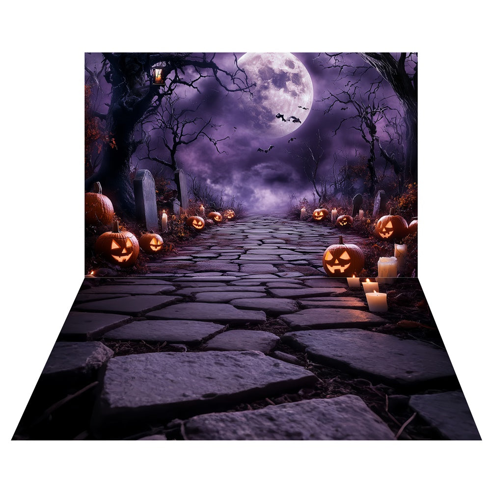 Purple Night Cemetery Backdrop+Uneven Cobble Floor Backdrop TWW6-57