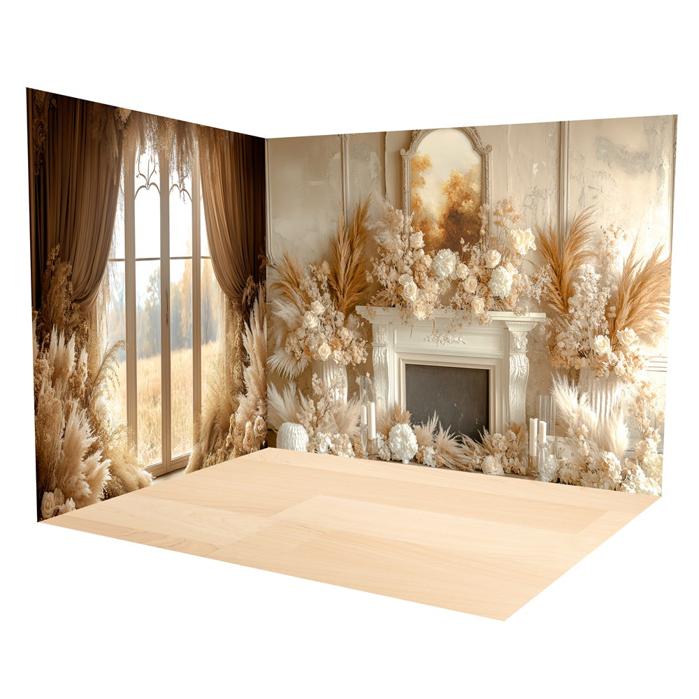 Fall Backdrop Creamy Floral Fireplace Boho Backdrop Room Set TWW6-79