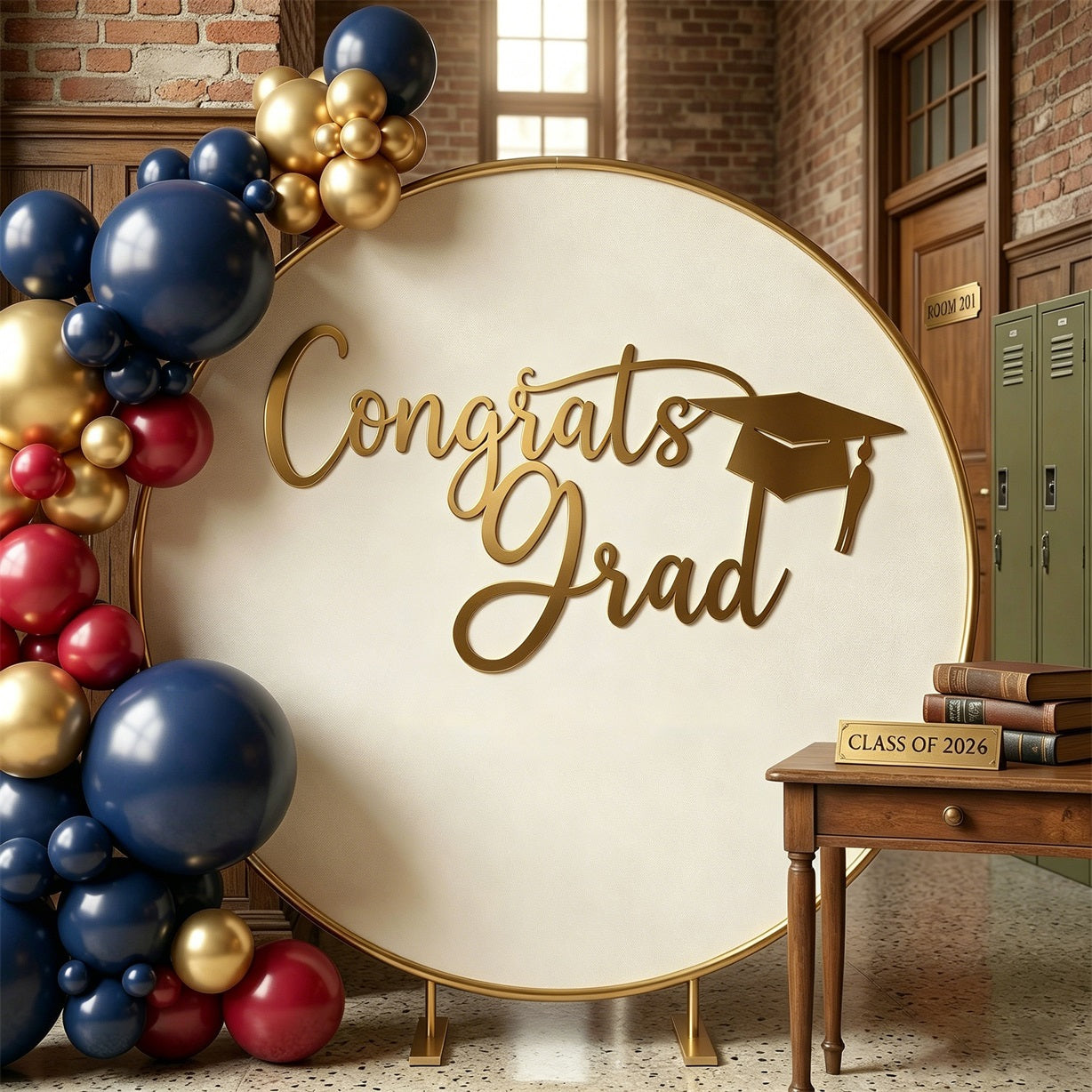 Custom Graduation Round Backdrop Cream Gold Congrats Grad Personalized Graduation Round Backdrop ZTT64-27