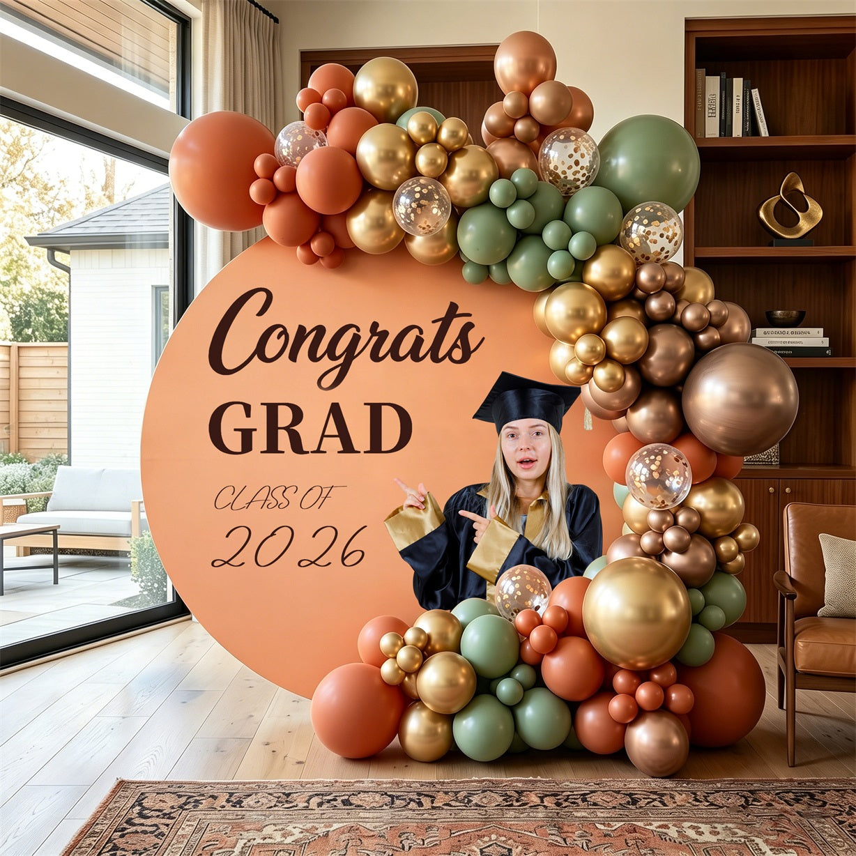 Graduation Round Backdrop With Photo Peach Photo Grad 2026 Custom Round Photo Graduation Backdrop ZTT64-30