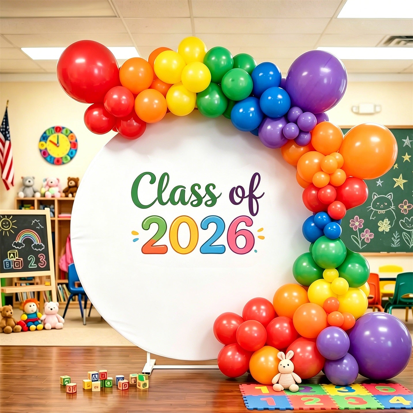 Kindergarten Graduation Round Backdrop White Colorful Class of 2026 Prek Graduation Round Backdrop ZTT64-37