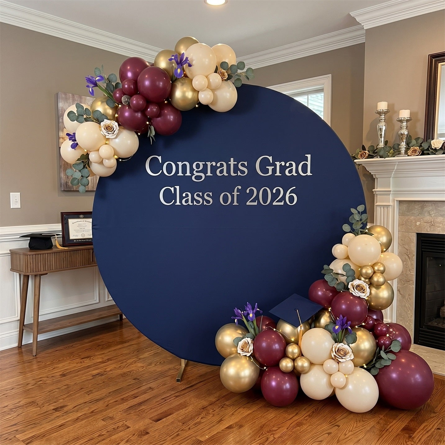 Large Graduation Round Backdrop Navy Silver Congrats Grad Extra Large Graduation Round Backdrop ZTT64-38