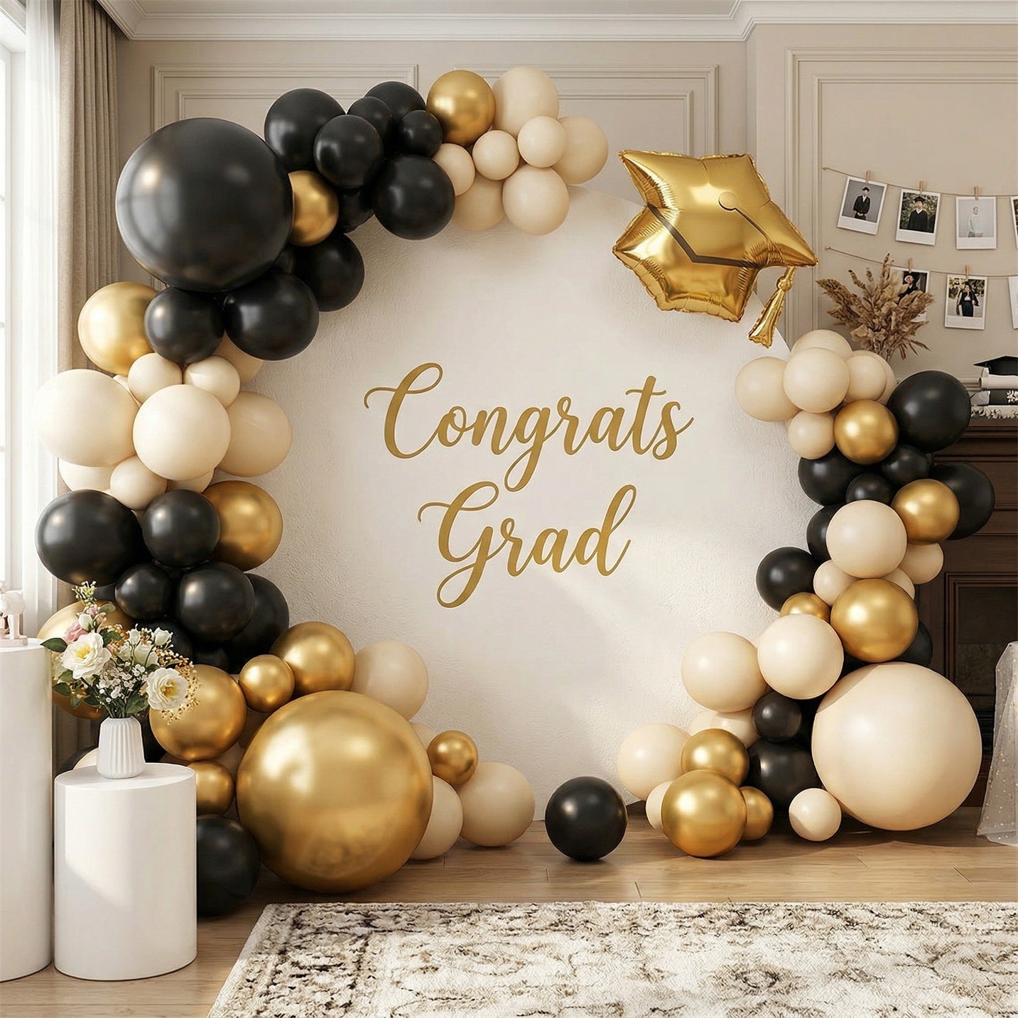 6ft Graduation Round Backdrop Beige Gold Congrats Grad 5ft Graduation Round Backdrop ZTT64-39