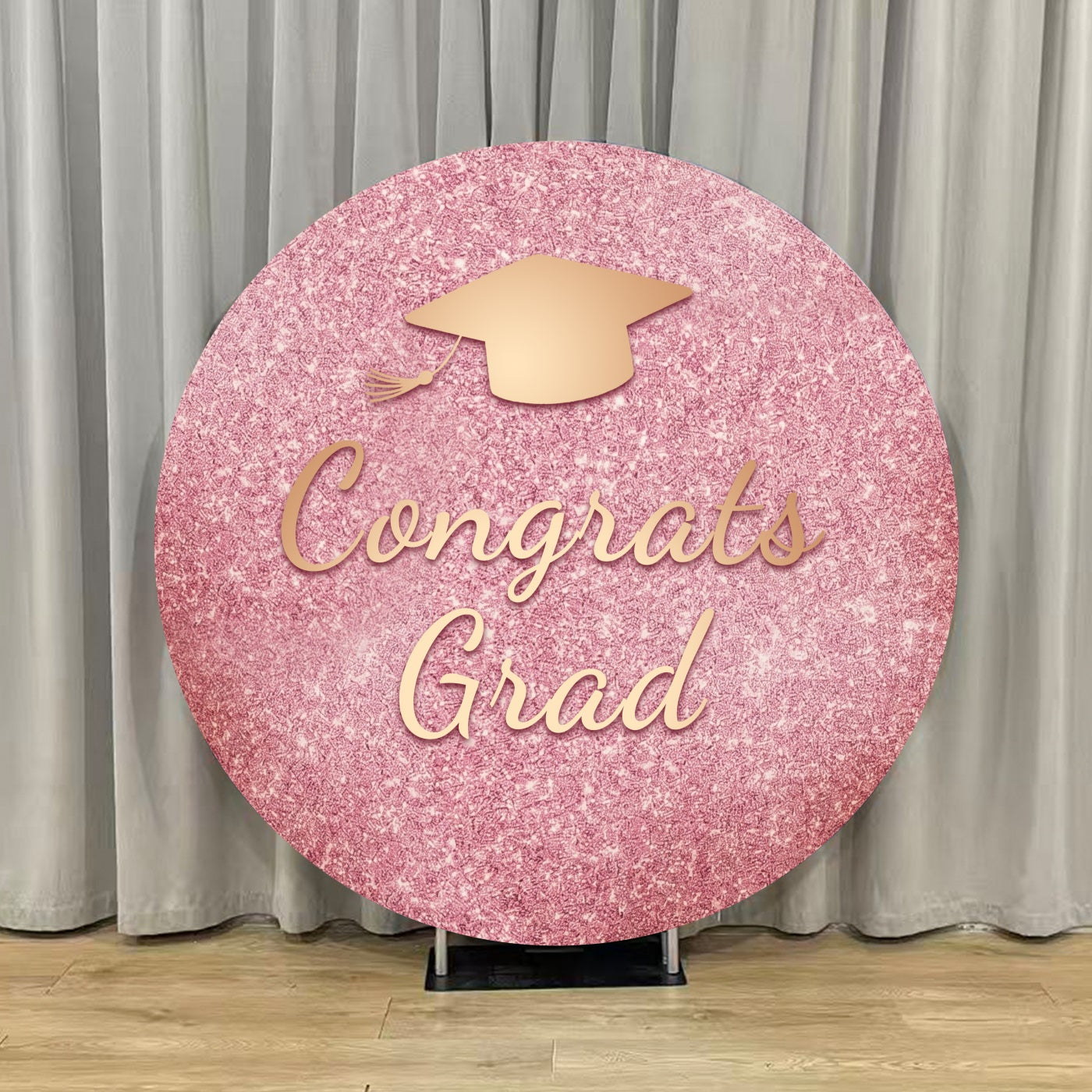 Floral Graduation Round Backdrop Pink Glitter Gold Grad Cap Glitter Graduation Round Backdrop ZTT64-44