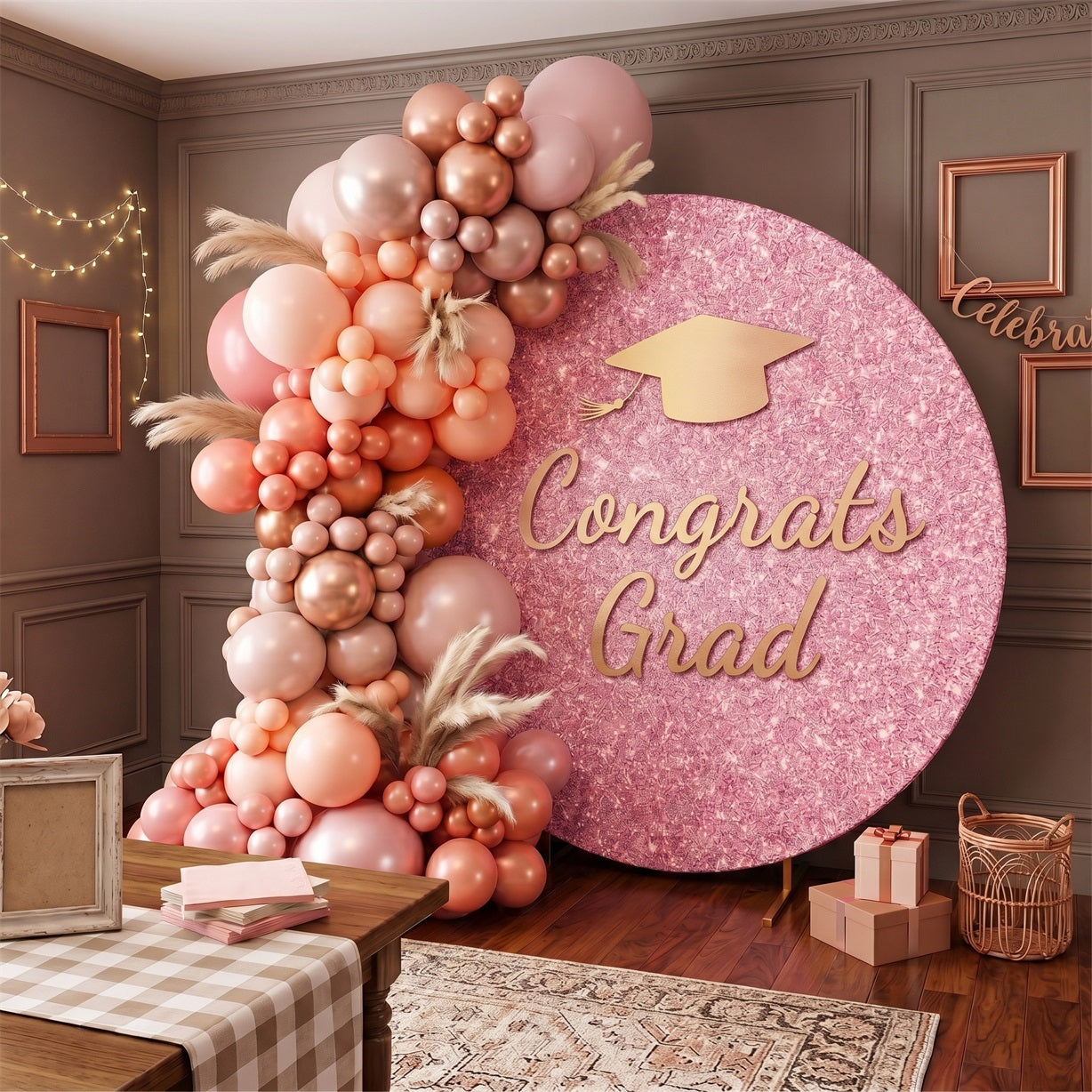 Floral Graduation Round Backdrop Pink Glitter Gold Grad Cap Glitter Graduation Round Backdrop ZTT64-44