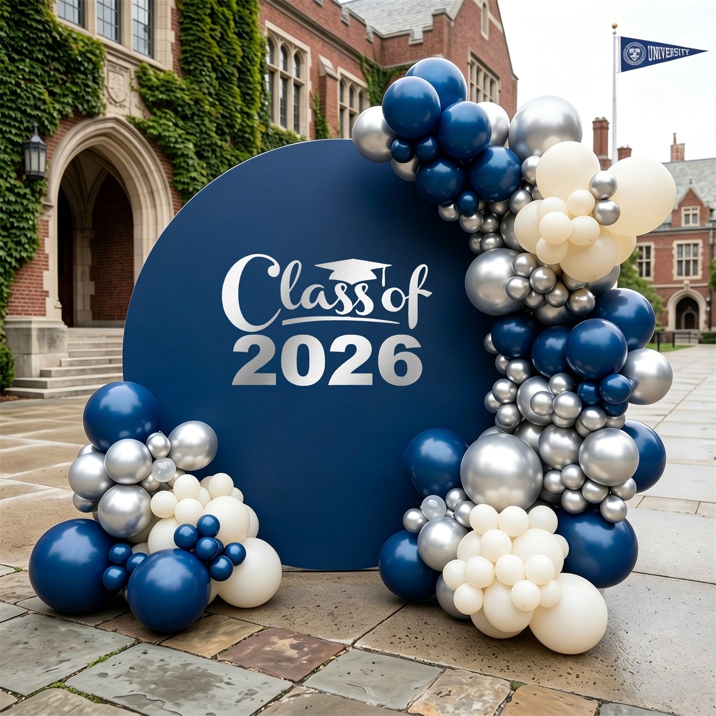 Round Backdrop Cover Graduation Event Navy Silver Class of 2026 Custom Round Backdrop Cover Graduation Party ZTT64-48
