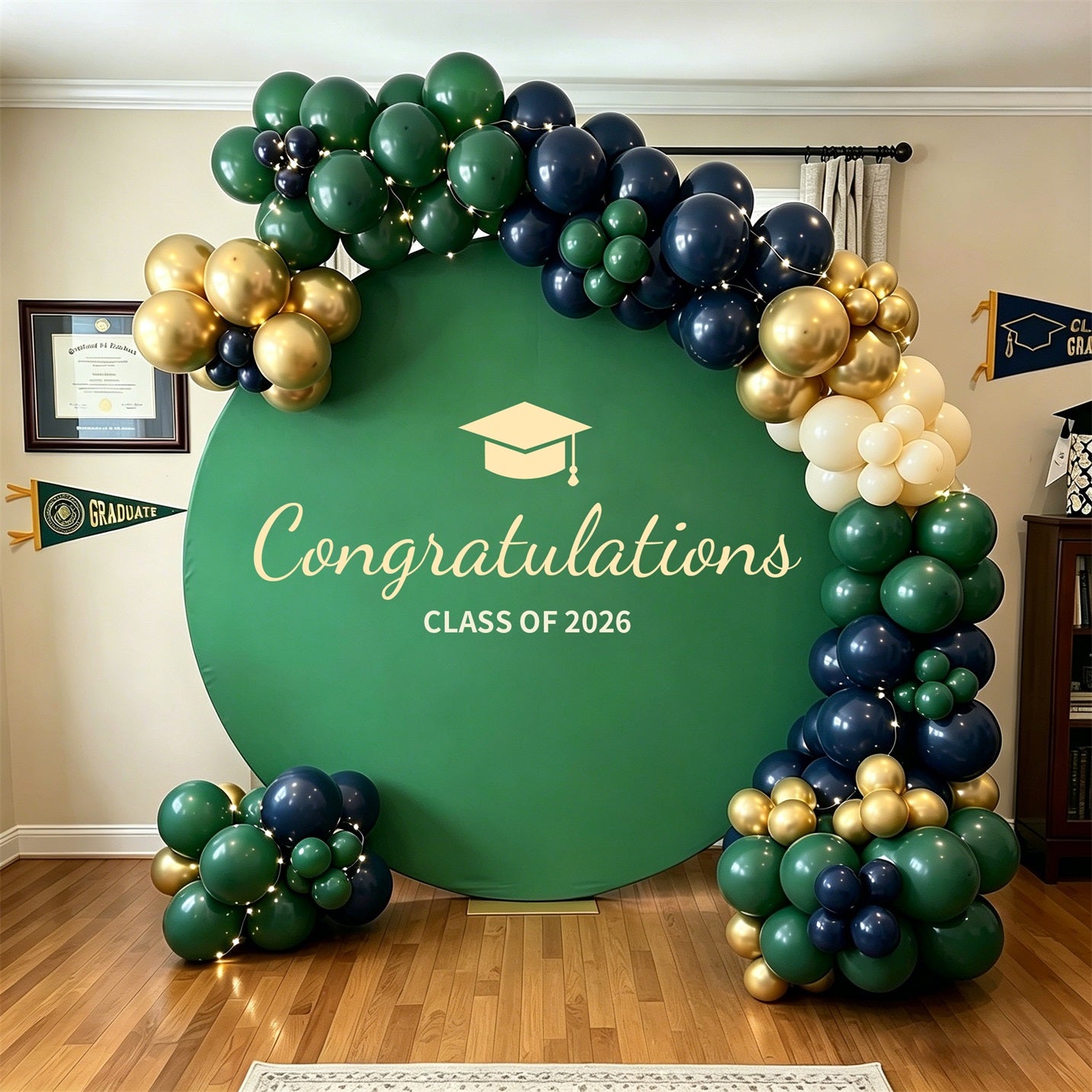 Graduation Round Backdrop Green Gold Congrats Class Personalized Graduation Round Backdrop ZTT64-49