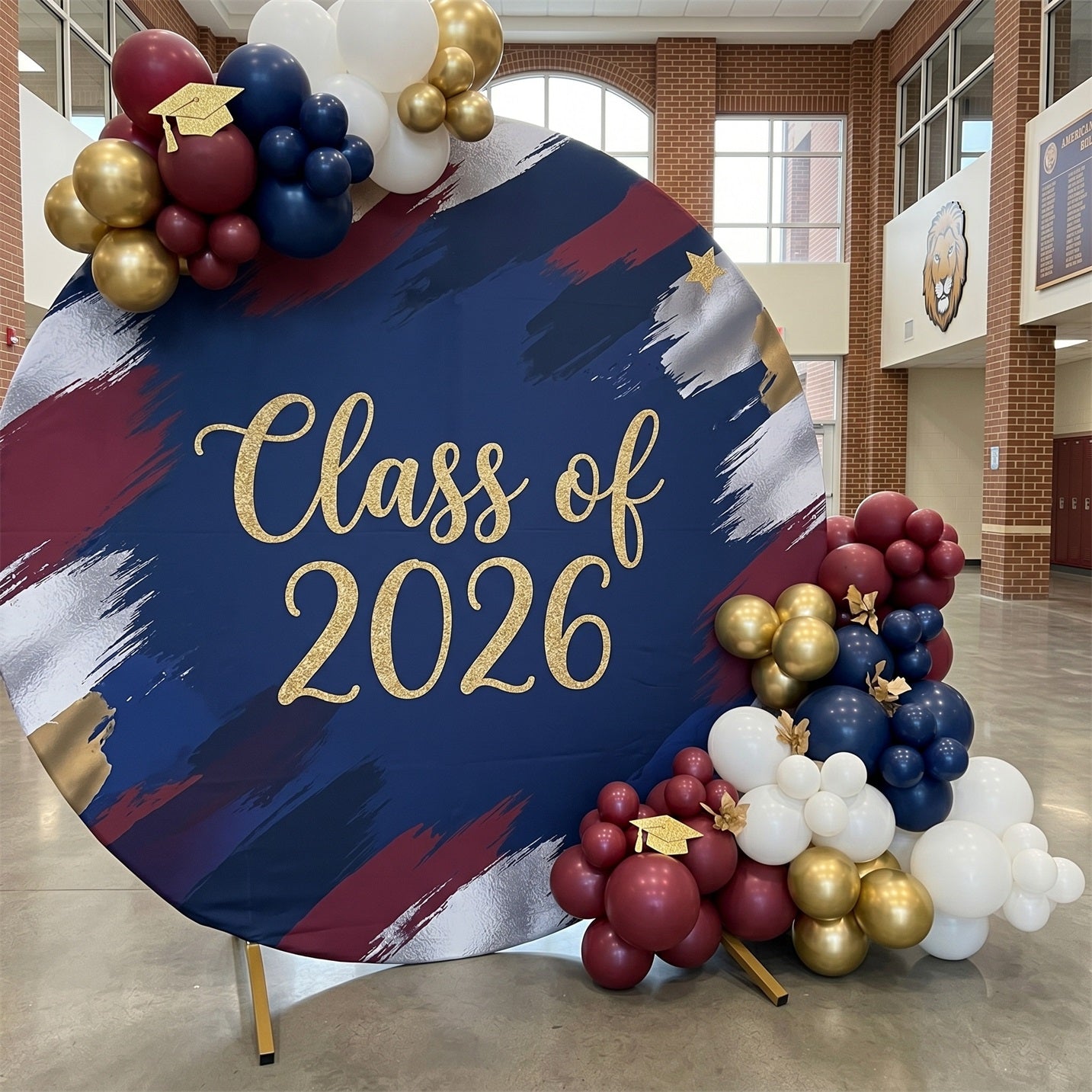 Graduation Round Backdrop Cover Navy Red Gold Brush Grad Graduation Round Backdrop ZTT64-50