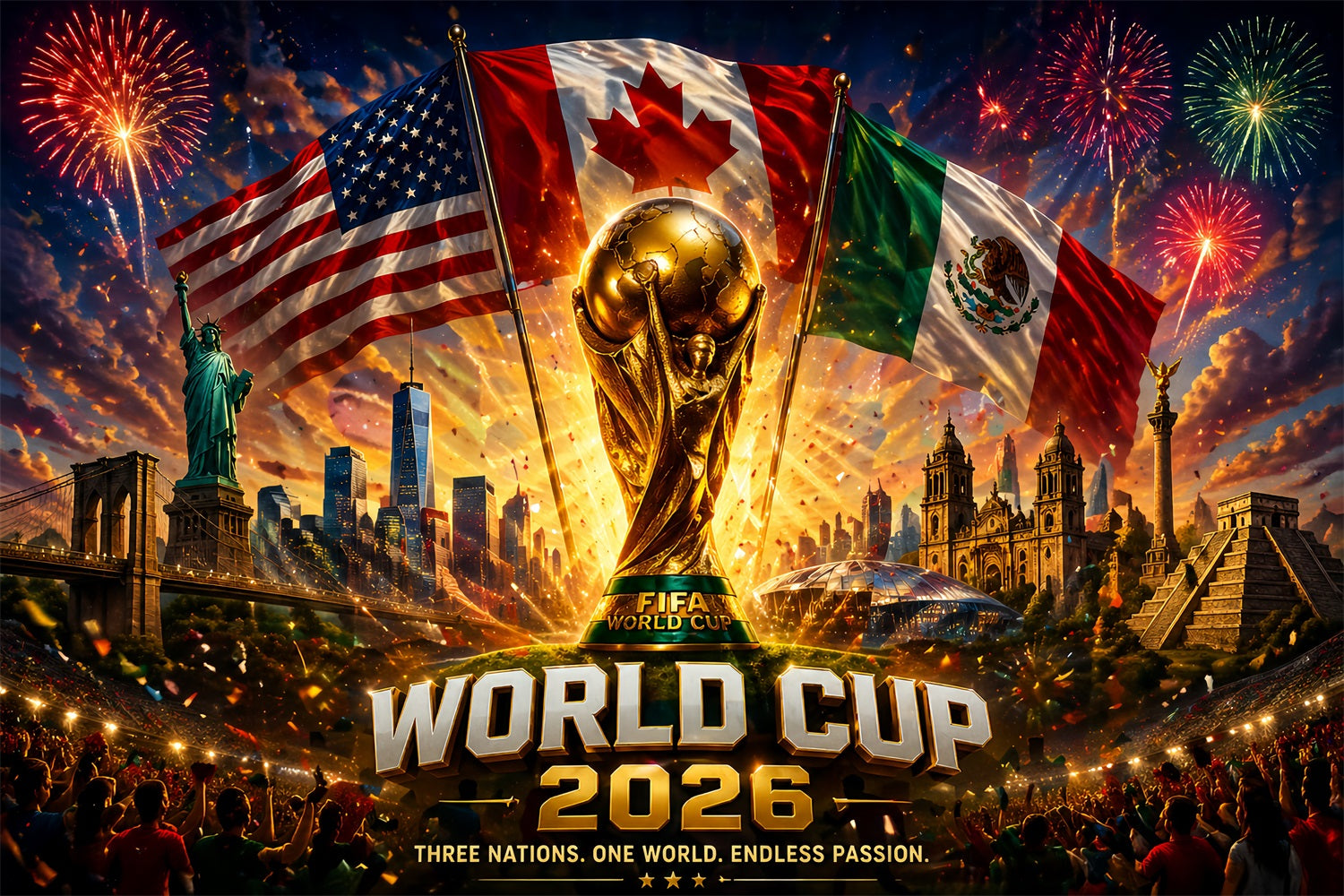 North America Football Celebration Three Nations Flags Trophy Fireworks North America Soccer Fan Backdrop ZTT64-65