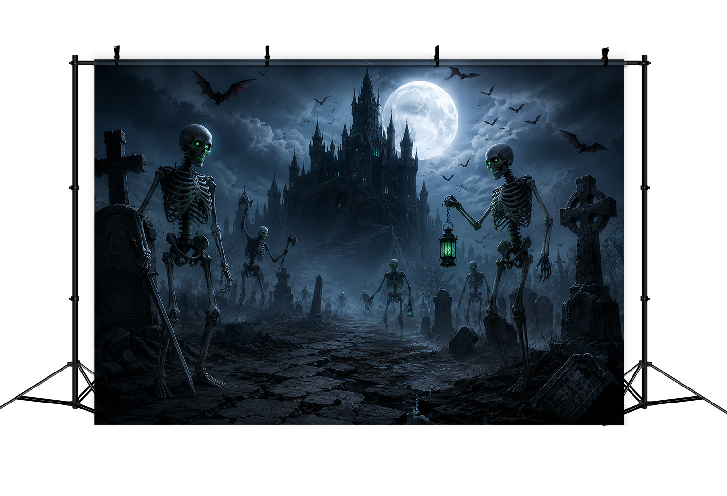 DIY Halloween Backdrop Ideas Moonlit Skeleton Castle Graveyard Scary Backdrops For Halloween ZTT67-1