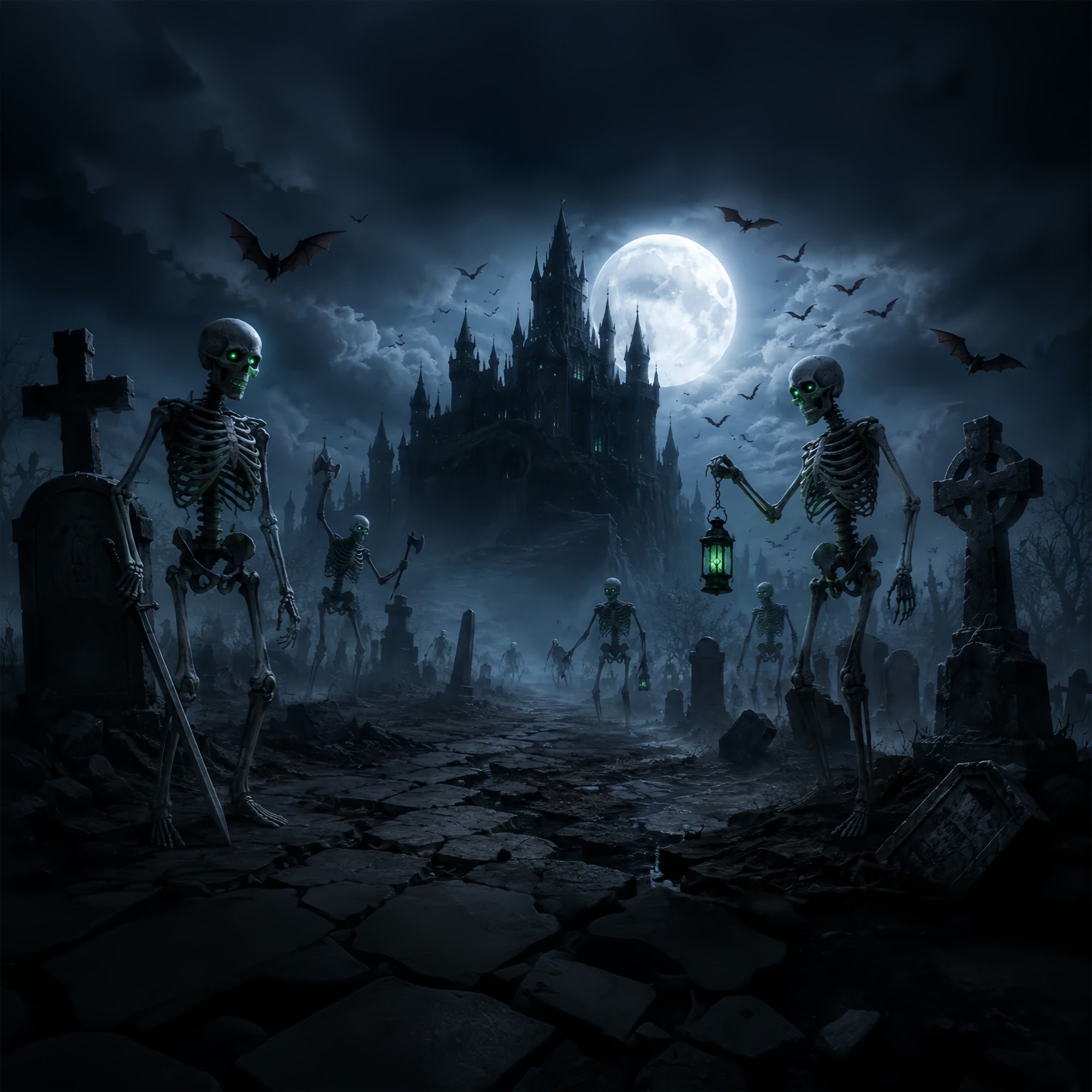DIY Halloween Backdrop Ideas Moonlit Skeleton Castle Graveyard Scary Backdrops For Halloween ZTT67-1