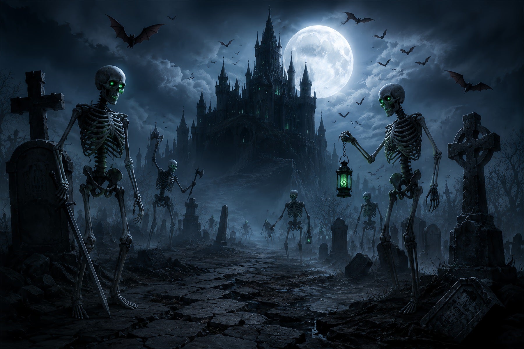 DIY Halloween Backdrop Ideas Moonlit Skeleton Castle Graveyard Scary Backdrops For Halloween ZTT67-1