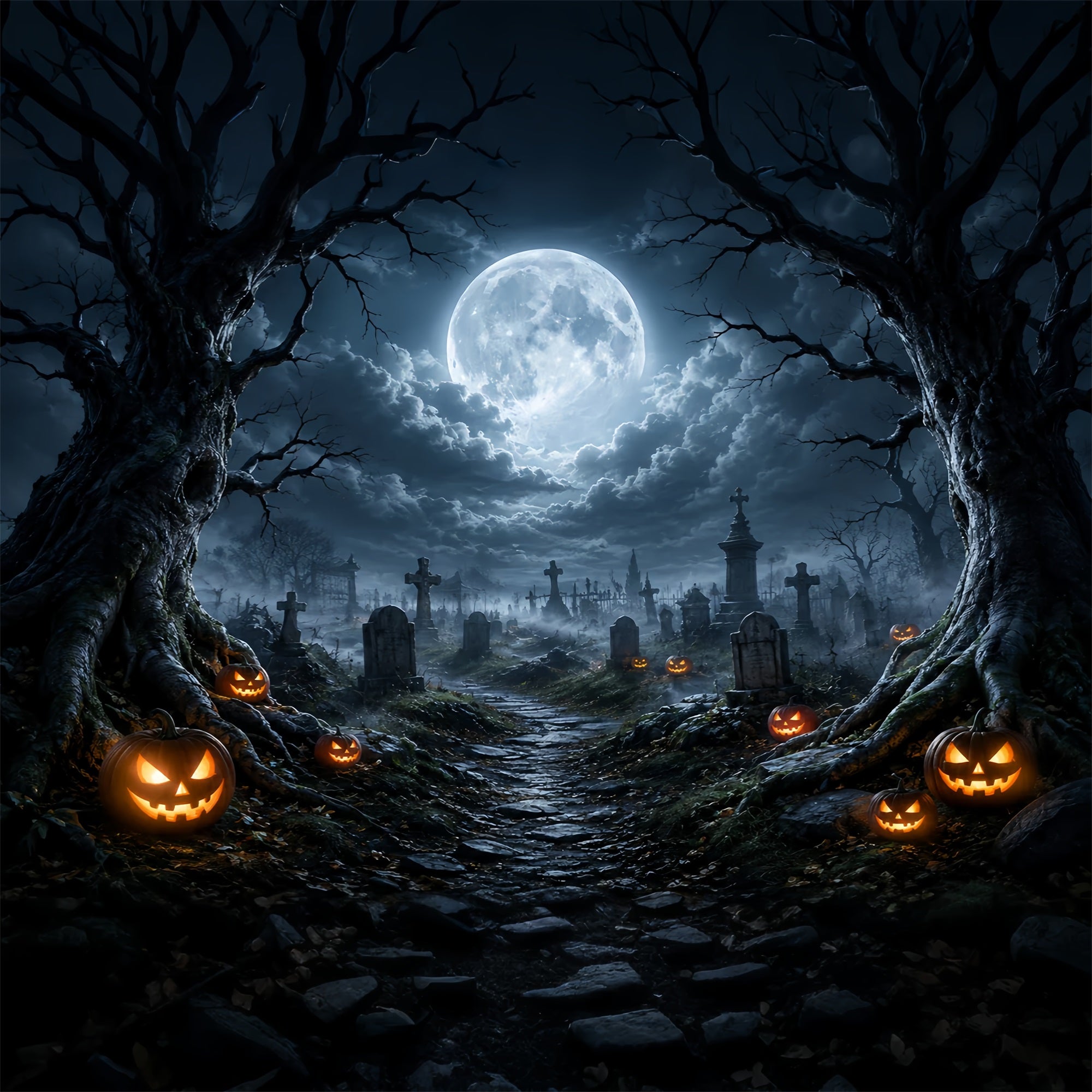 Halloween Cloth Backdrop Moonlit Pumpkin Cemetery Path Graveyard Halloween Backdrops ZTT67-13