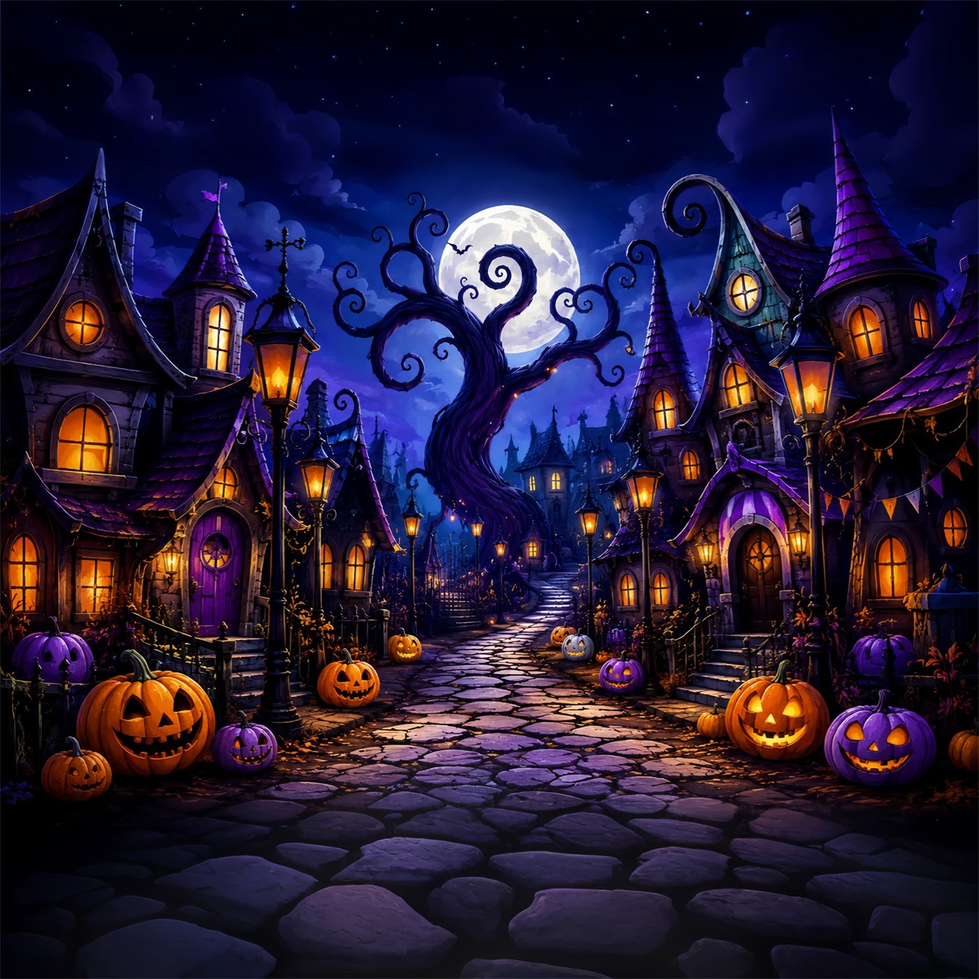 Halloween Scene Backdrop Whimsical Pumpkin Village Street Backdrop For Halloween ZTT67-16